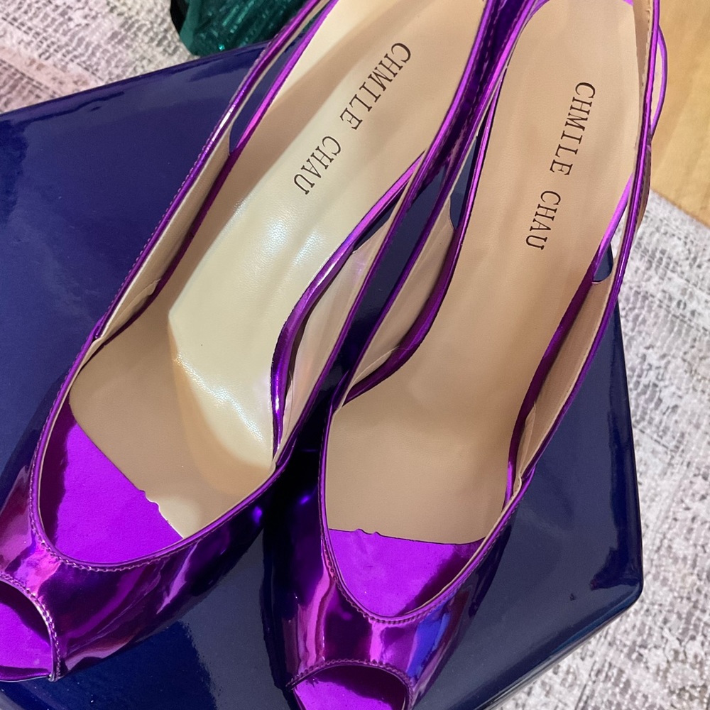 Patent Neon Purple Slingback Peep Toe Stiletto Heels - Picture 3 of 4